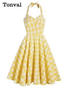 Tonval Vacation Women's Summer Dress 2025 Sexy Backless Party Halter Neck Yellow Plaid 50s Vintage High Waist Swing Dresses