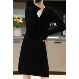 Womens Elegant Cashmere Sweater Dresses 100% Merino Wool Sexy V-Neck Casual Knitted Skirt Fall Winter Ladies Black Dress Clothes