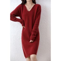 Womens Elegant Cashmere Sweater Dresses 100% Merino Wool Sexy V-Neck Casual Knitted Skirt Fall Winter Ladies Black Dress Clothes