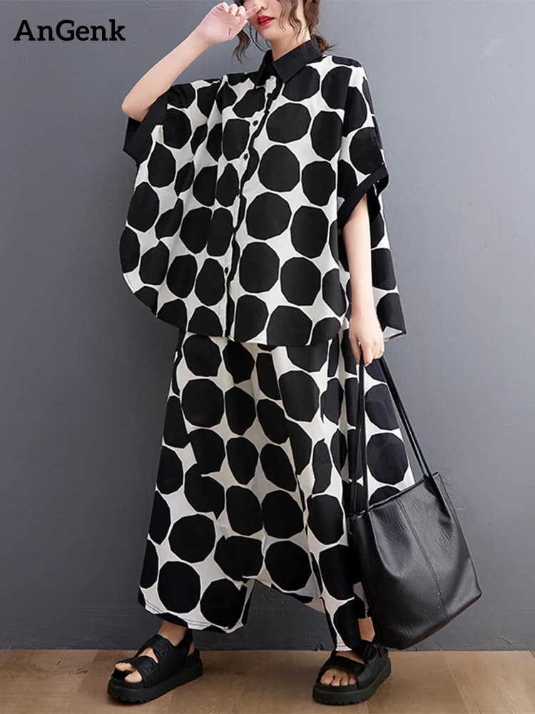 Polka Dot Print Summer Casual 2 Two Piece Set Short Sleeve Loose Blouse Women Shirt Top Fashion Clothing Harem Pants Suit 2026