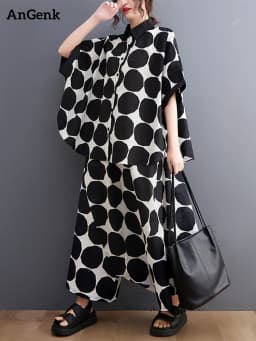 Polka Dot Print Summer Casual 2 Two Piece Set Short Sleeve Loose Blouse Women Shirt Top Fashion Clothing Harem Pants Suit 2026