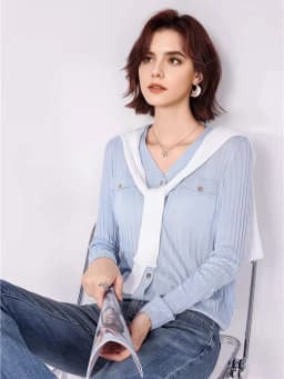 SuyaDream, Woman Cardigan, Single Breasted Silk Blend, Ribs Thin Knitwear, 2026 Spring Summer Casual Outwears, Pink, Sky blue
