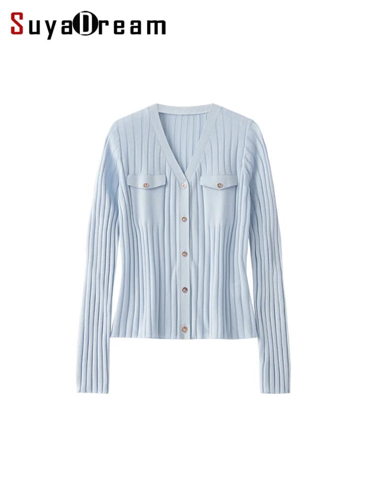 SuyaDream, Woman Cardigan, Single Breasted Silk Blend, Ribs Thin Knitwear, 2026 Spring Summer Casual Outwears, Pink, Sky blue
