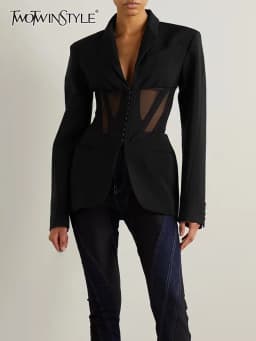 TWOTWINSTYLE Solid Spliced Sheer Mesh Blazers For Women Notched Collar Long Sleeve Tunic Patchwork Botton Blazer Female Fashion