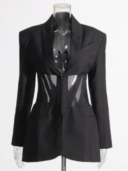 TWOTWINSTYLE Solid Spliced Sheer Mesh Blazers For Women Notched Collar Long Sleeve Tunic Patchwork Botton Blazer Female Fashion