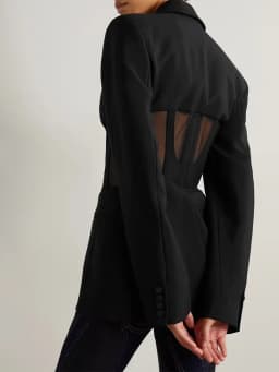 TWOTWINSTYLE Solid Spliced Sheer Mesh Blazers For Women Notched Collar Long Sleeve Tunic Patchwork Botton Blazer Female Fashion