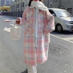 2023 Autumn and Winter New Loose Pink Cowhorn Button Woolen Coat Women's New Fat Sister Sweet Little Man Woolen Coat Commuter V1