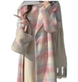 2023 Autumn and Winter New Loose Pink Cowhorn Button Woolen Coat Women's New Fat Sister Sweet Little Man Woolen Coat Commuter V1