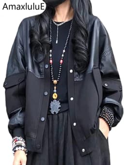 Amax luluE 2024 Spring Women Fashion Loose Vintage Faux Leather Cotton Jackets Ladies Luxury Punk Pu Coats Black Biker Outerwear