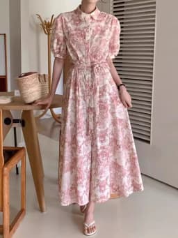 Blue Vintage Printed Dress Women Summer Single-breasted Dresses Female with Lace-up Turn-down Neck Business Clothing Ladies