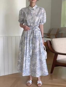 Blue Vintage Printed Dress Women Summer Single-breasted Dresses Female with Lace-up Turn-down Neck Business Clothing Ladies