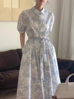 Blue Vintage Printed Dress Women Summer Single-breasted Dresses Female with Lace-up Turn-down Neck Business Clothing Ladies