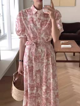 Blue Vintage Printed Dress Women Summer Single-breasted Dresses Female with Lace-up Turn-down Neck Business Clothing Ladies