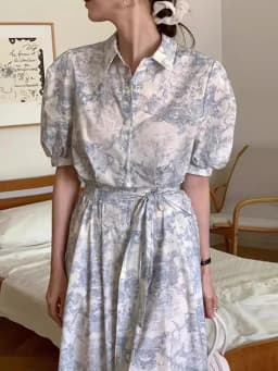 Blue Vintage Printed Dress Women Summer Single-breasted Dresses Female with Lace-up Turn-down Neck Business Clothing Ladies