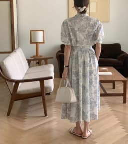 Blue Vintage Printed Dress Women Summer Single-breasted Dresses Female with Lace-up Turn-down Neck Business Clothing Ladies