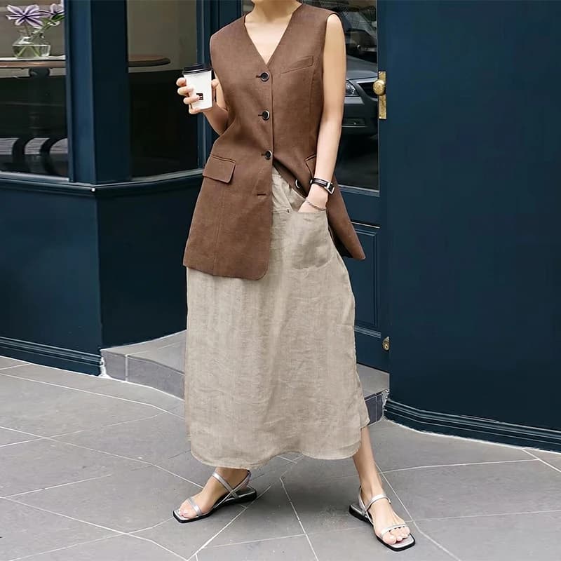 Retro 100% Linen Women's Skirt Casual Solid Elastic High Waist Skirt Pants Korean Japanese Long Skirt Saia Feminina