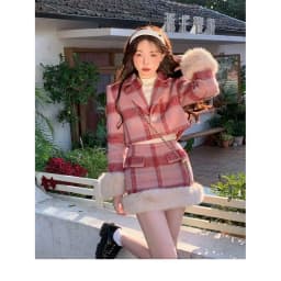 Vintage Women Suits New Fashion Plaid Woolen Coat Skirt 2 Piece Set Full  Elastic Waist  SLIM Girls Skirt Sets Luxury