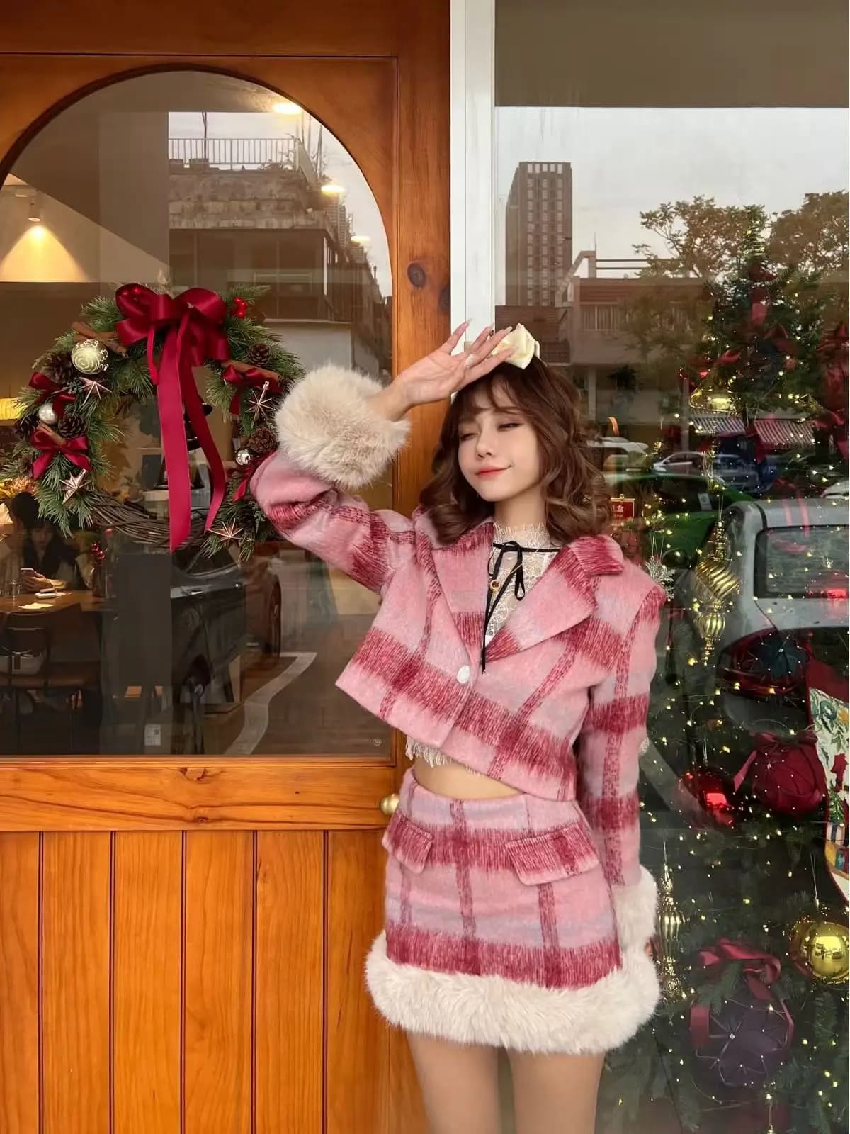 Vintage Women Suits New Fashion Plaid Woolen Coat Skirt 2 Piece Set Full  Elastic Waist  SLIM Girls Skirt Sets Luxury