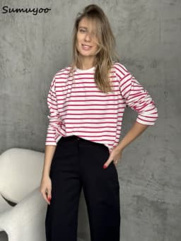 Sumuyoo 2025 Summer Long Sleeve Striped T-Shirts Women Basic Casual Tops Female Cozy Loose Cotton Tees Harajuku T Shirt New