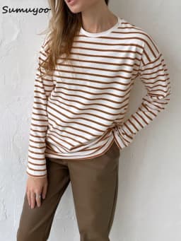Sumuyoo 2025 Summer Long Sleeve Striped T-Shirts Women Basic Casual Tops Female Cozy Loose Cotton Tees Harajuku T Shirt New