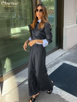 Clacive Fashion Loose Gray Office 2 Piece Set Women Outfit Elegant Long Sleeve Crop Shirt With High Waist Long Skirts Set Female