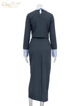 Clacive Fashion Loose Gray Office 2 Piece Set Women Outfit Elegant Long Sleeve Crop Shirt With High Waist Long Skirts Set Female