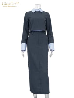Clacive Fashion Loose Gray Office 2 Piece Set Women Outfit Elegant Long Sleeve Crop Shirt With High Waist Long Skirts Set Female