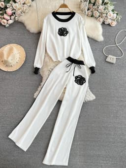 Women's Knitted Sets Tracksuit Pants Suits Autumn New Long Sleeve Flower Pullover Sweater + Wide Leg Pants Casual Two-piece Sets