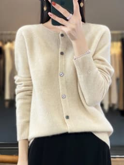Spring Autumn Women's Fashion Merino Wool Sweater Knitted Cashmere Cardigan Basic Long Sleeve O-Neck Knitwear Clothing Tops
