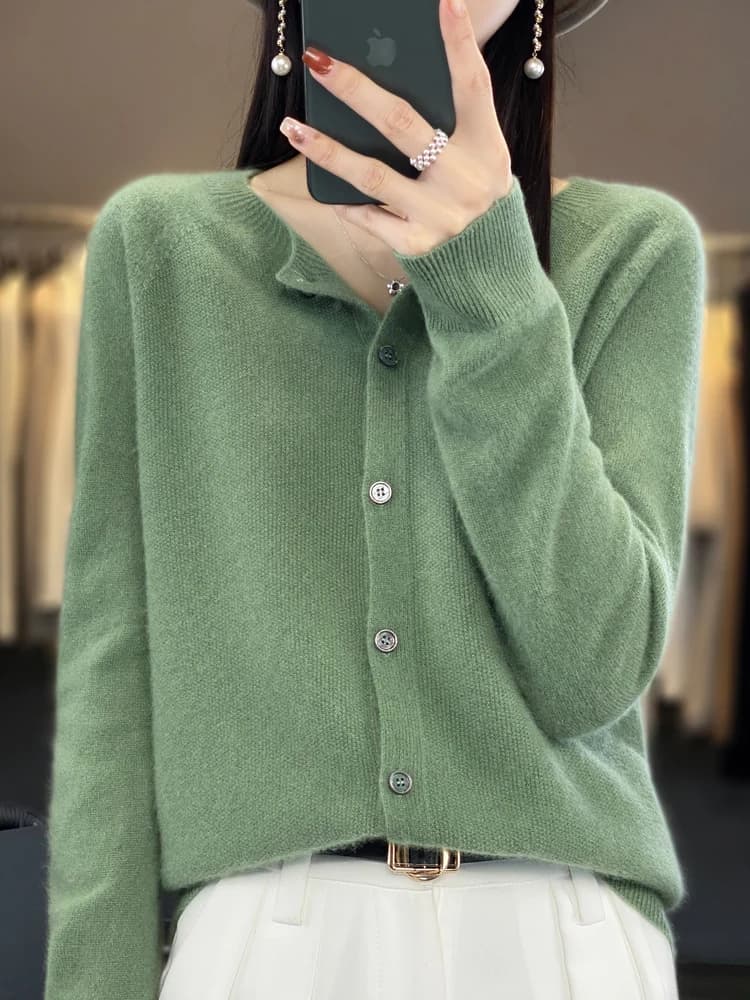 Spring Autumn Women's Fashion Merino Wool Sweater Knitted Cashmere Cardigan Basic Long Sleeve O-Neck Knitwear Clothing Tops
