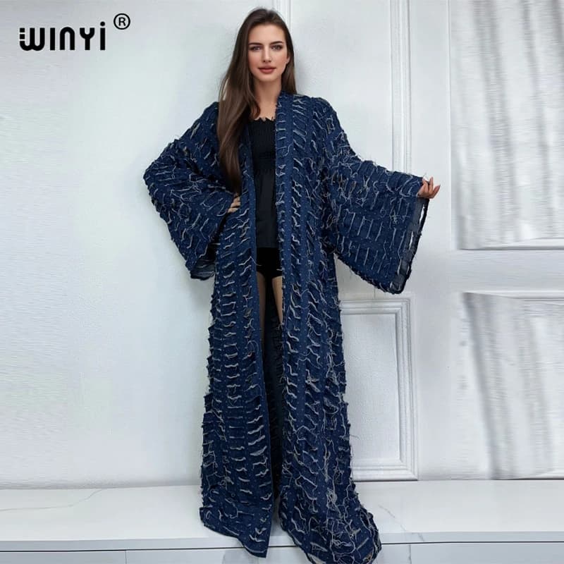 WINYI New Faashion Coat for Women New 2023 Loose Overcoat Autumn Hollow Denim Long Down Coat Swimsuit Cover Up Winter Kimono