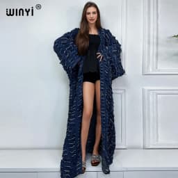 WINYI New Faashion Coat for Women New 2023 Loose Overcoat Autumn Hollow Denim Long Down Coat Swimsuit Cover Up Winter Kimono