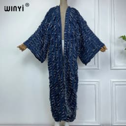 WINYI New Faashion Coat for Women New 2023 Loose Overcoat Autumn Hollow Denim Long Down Coat Swimsuit Cover Up Winter Kimono