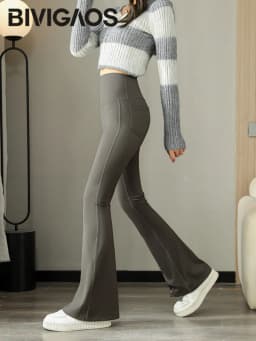 BIVIGAOS Fashion Back Pocket Shark Flared Pants Women Tight-Fit Sexy Slim High Waist Pants Push Up Sport Fitness Flare Leggings