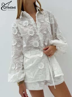 Oymimi Summer White Cotton 2 Piece Sets Women Outfit Casual Jacquard Button Wrist Sleeve Shirts And High Waist Shorts Female Set