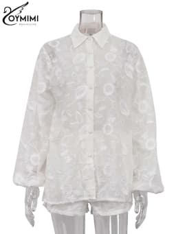 Oymimi Summer White Cotton 2 Piece Sets Women Outfit Casual Jacquard Button Wrist Sleeve Shirts And High Waist Shorts Female Set