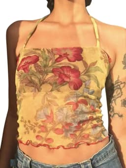 Y2K Mesh Sheer Floral T-shirt Vintage halter Tops Women Sleeveless Slim Fit Crop Top Harajuku Streetwear