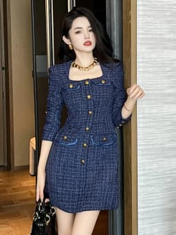 Fashion Ladies Vintage Tweed Short Dress Women Bright Silk Commute Formal Square Collar Slim Mini Mujer Vestidos Street Clothes