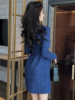 Fashion Ladies Vintage Tweed Short Dress Women Bright Silk Commute Formal Square Collar Slim Mini Mujer Vestidos Street Clothes