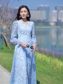 Floral Chiffon Long-Sleeved Dress Female 2026 Spring New Waist Big Swing Dress Slim Temperament V-neck Slim Long Dress Female
