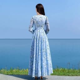 Floral Chiffon Long-Sleeved Dress Female 2026 Spring New Waist Big Swing Dress Slim Temperament V-neck Slim Long Dress Female