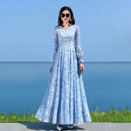 Floral Chiffon Long-Sleeved Dress Female 2026 Spring New Waist Big Swing Dress Slim Temperament V-neck Slim Long Dress Female