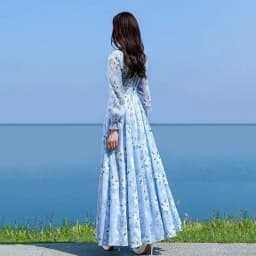 Floral Chiffon Long-Sleeved Dress Female 2026 Spring New Waist Big Swing Dress Slim Temperament V-neck Slim Long Dress Female