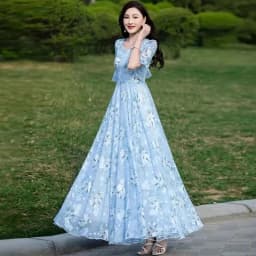 Floral Chiffon Long-Sleeved Dress Female 2026 Spring New Waist Big Swing Dress Slim Temperament V-neck Slim Long Dress Female