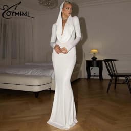 Oymimi Elegant Blue Knitting Women's Dress Fashion Hooded Collar Slim Long Sleeve Dress Casual Solid Floor-Length Dresses Female