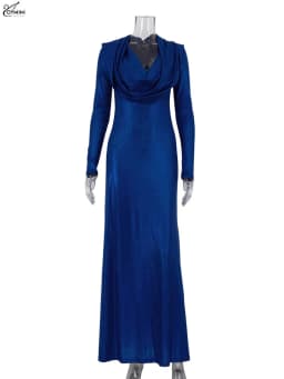 Oymimi Elegant Blue Knitting Women's Dress Fashion Hooded Collar Slim Long Sleeve Dress Casual Solid Floor-Length Dresses Female