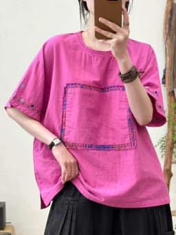 Amax LuluE 2026 Summer Chinese Clothes Womens Fashion Loose Vintage Cotton T-shirts Ladies Classic Casual O Neck Embroidery Tops