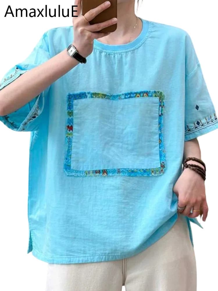 Amax LuluE 2026 Summer Chinese Clothes Womens Fashion Loose Vintage Cotton T-shirts Ladies Classic Casual O Neck Embroidery Tops