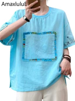 Amax LuluE 2026 Summer Chinese Clothes Womens Fashion Loose Vintage Cotton T-shirts Ladies Classic Casual O Neck Embroidery Tops