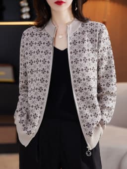 Autumn Winter Women 100% Cotton Color Block Jacquard Sweater O-neck Cardigan Top New Outerwear Knit Zipper Warm Jacket